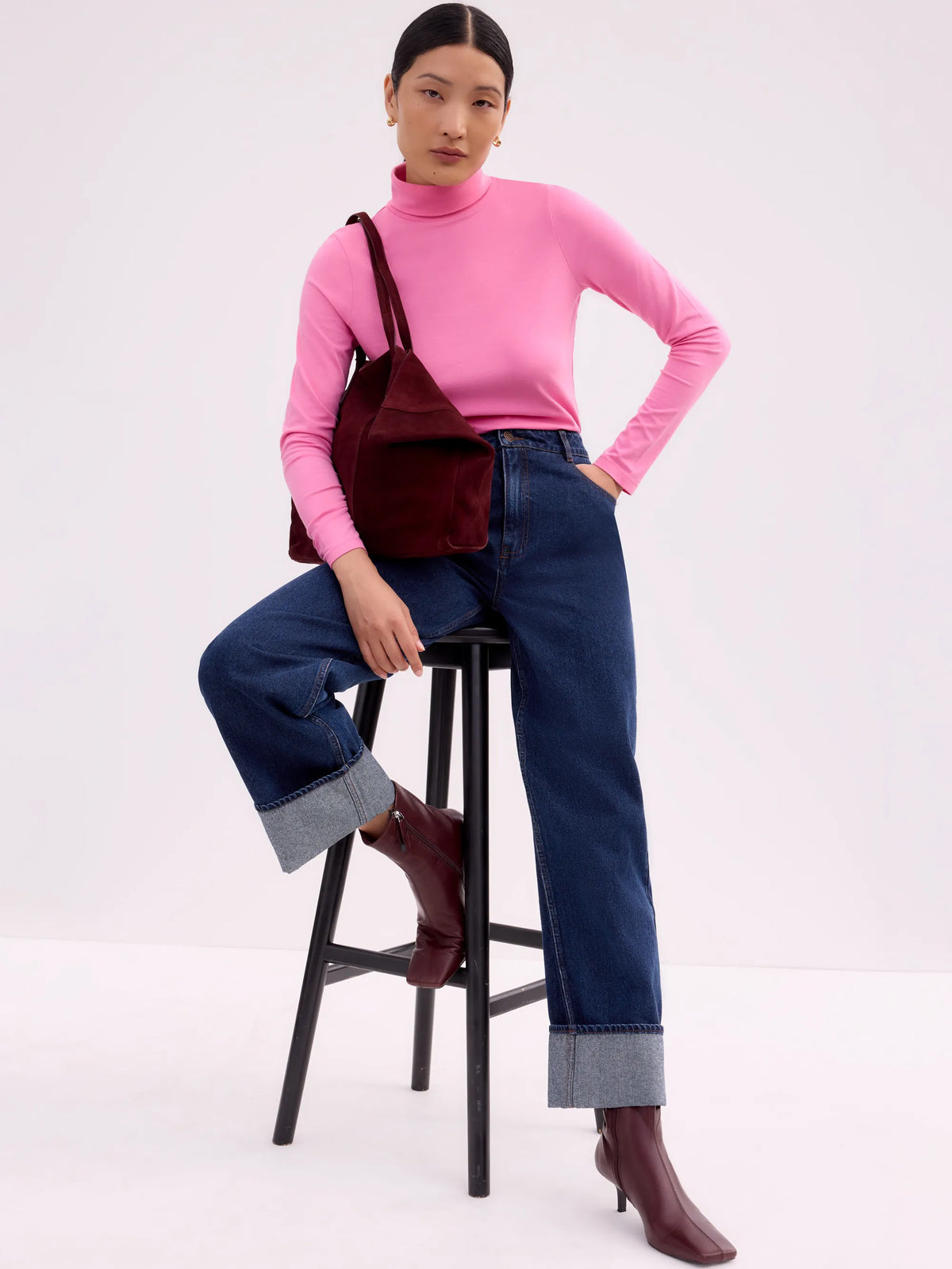 Pink Turtleneck Stretch Cotton-Modal Top