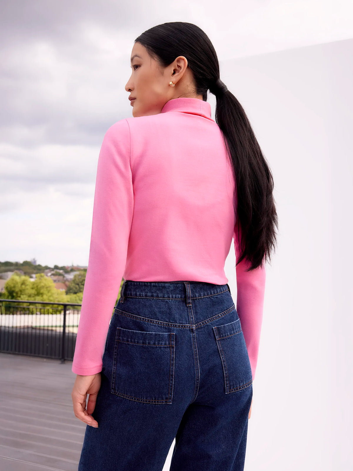 Pink Turtleneck Stretch Cotton-Modal Top
