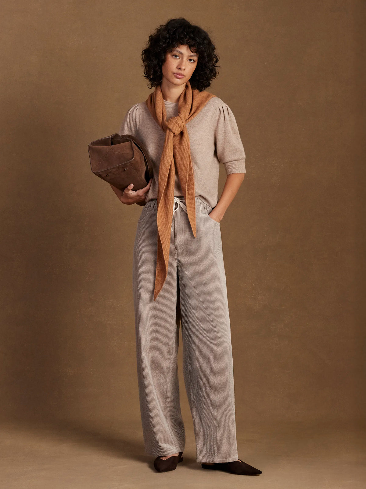 Petite Cappuccino Cord Drawstring Waist Trousers