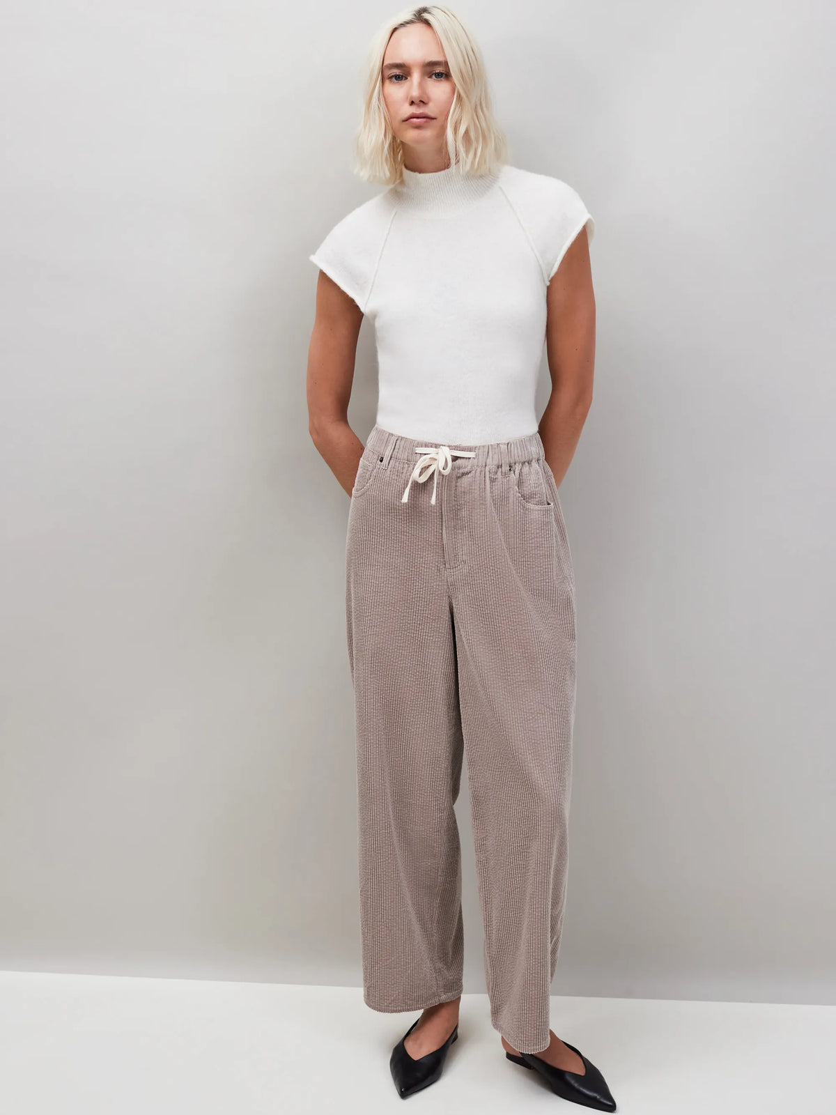 Petite Cappuccino Cord Drawstring Waist Trousers