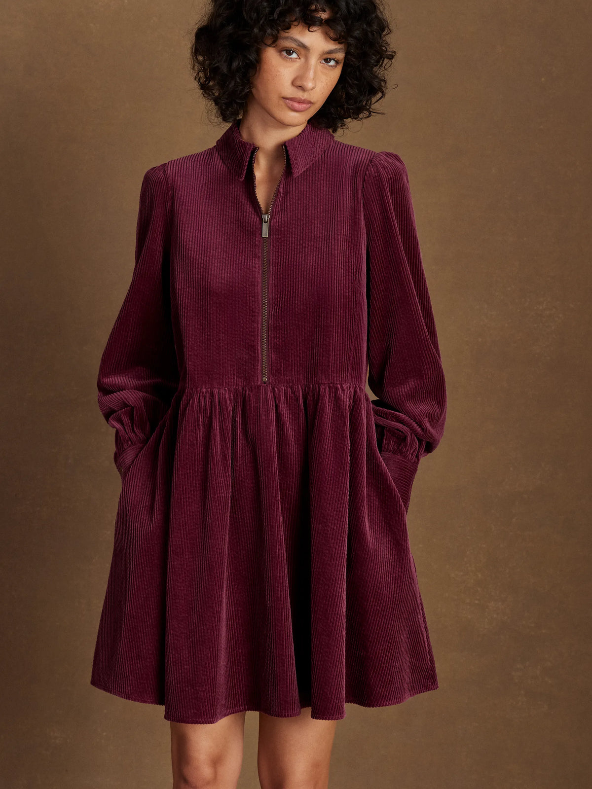 Burgundy Cord Zip Front Mini Dress
