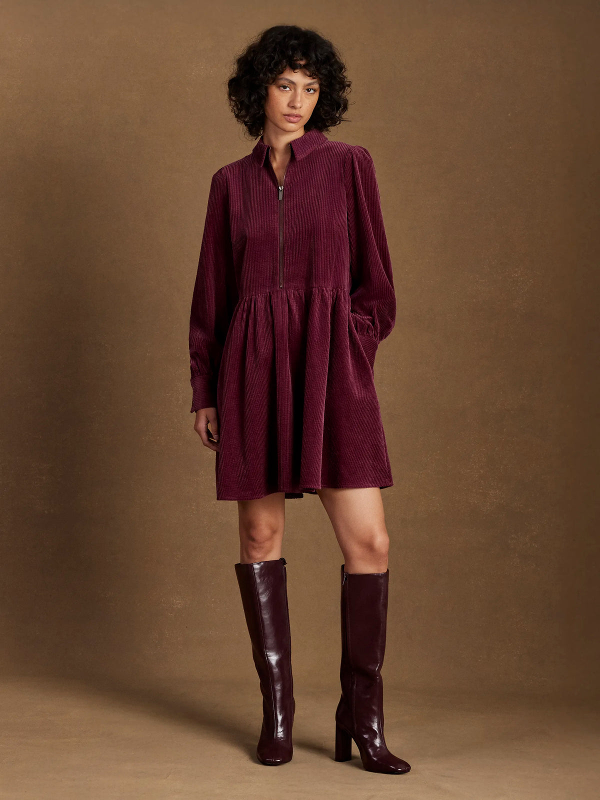 Burgundy Cord Zip Front Mini Dress
