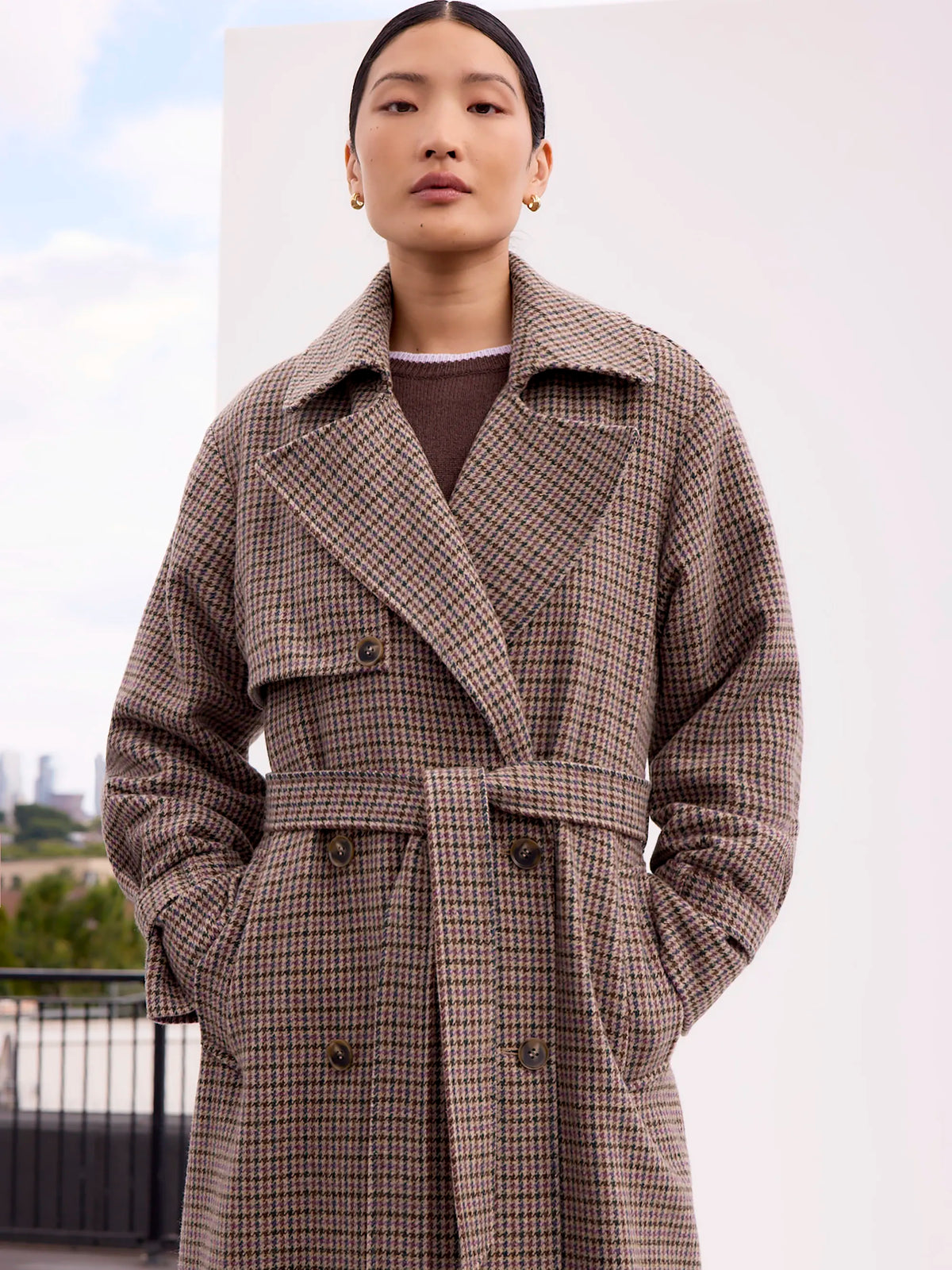 Houndstooth Check Belted Wool-Blend Trench Coat