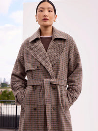 Houndstooth Check Belted Wool-Blend Trench Coat