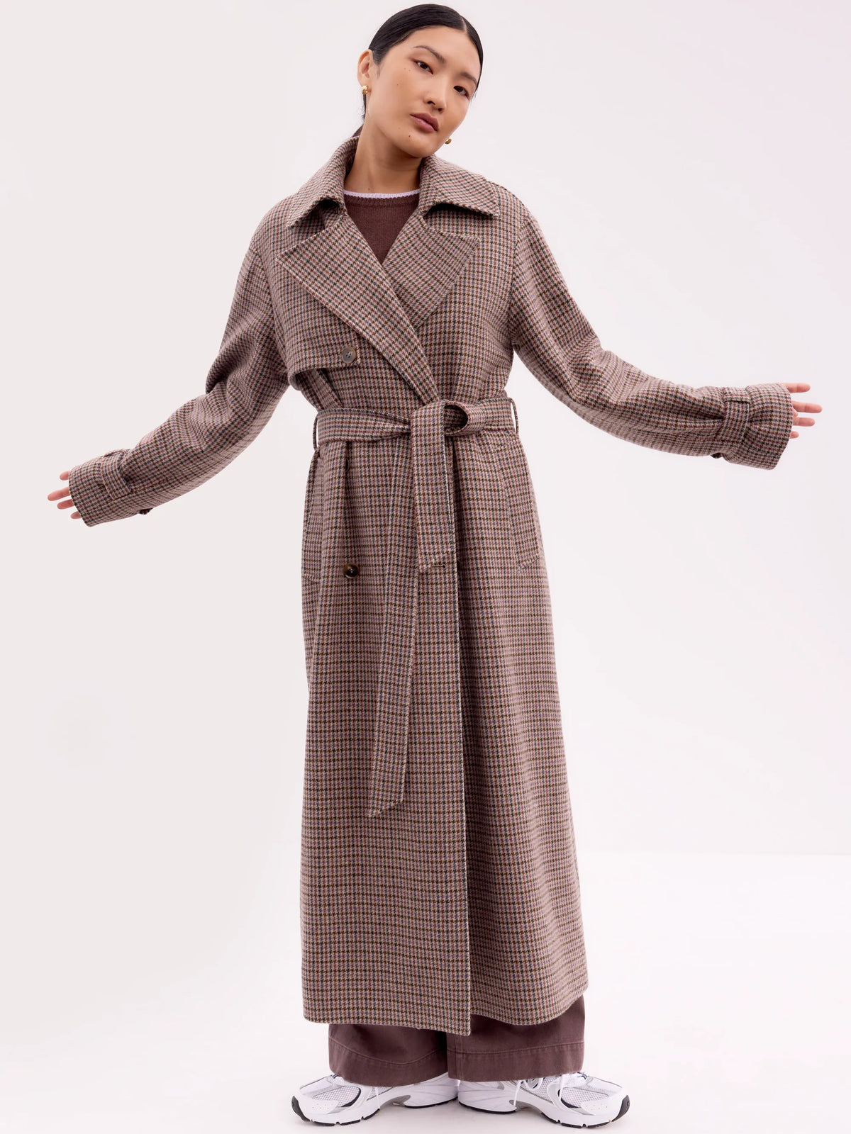 Houndstooth Check Belted Wool-Blend Trench Coat