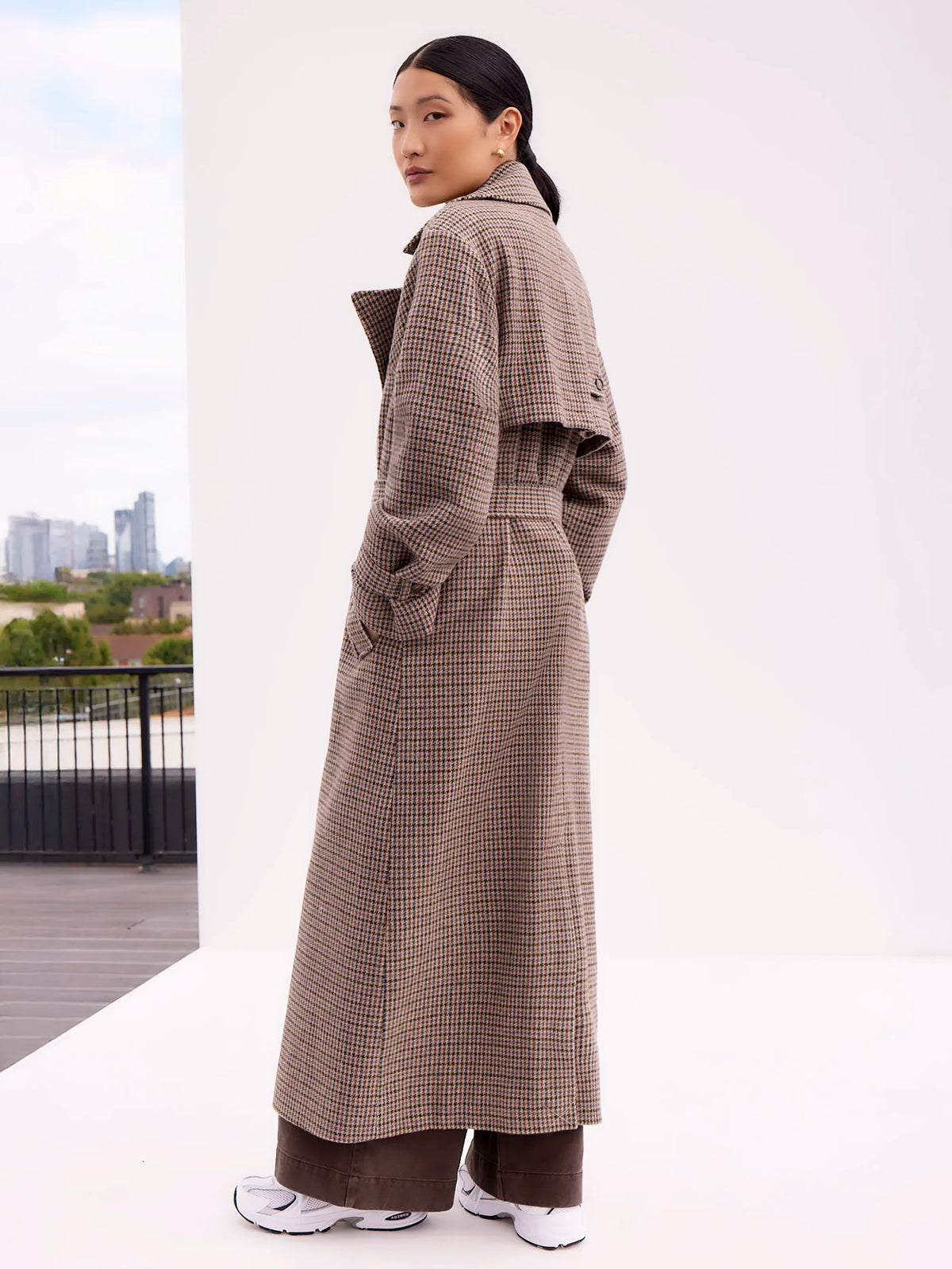 Houndstooth Check Belted Wool-Blend Trench Coat