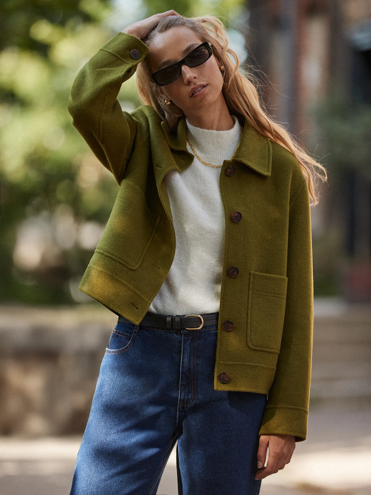Khaki Double-Faced Knit Jacket with Wool