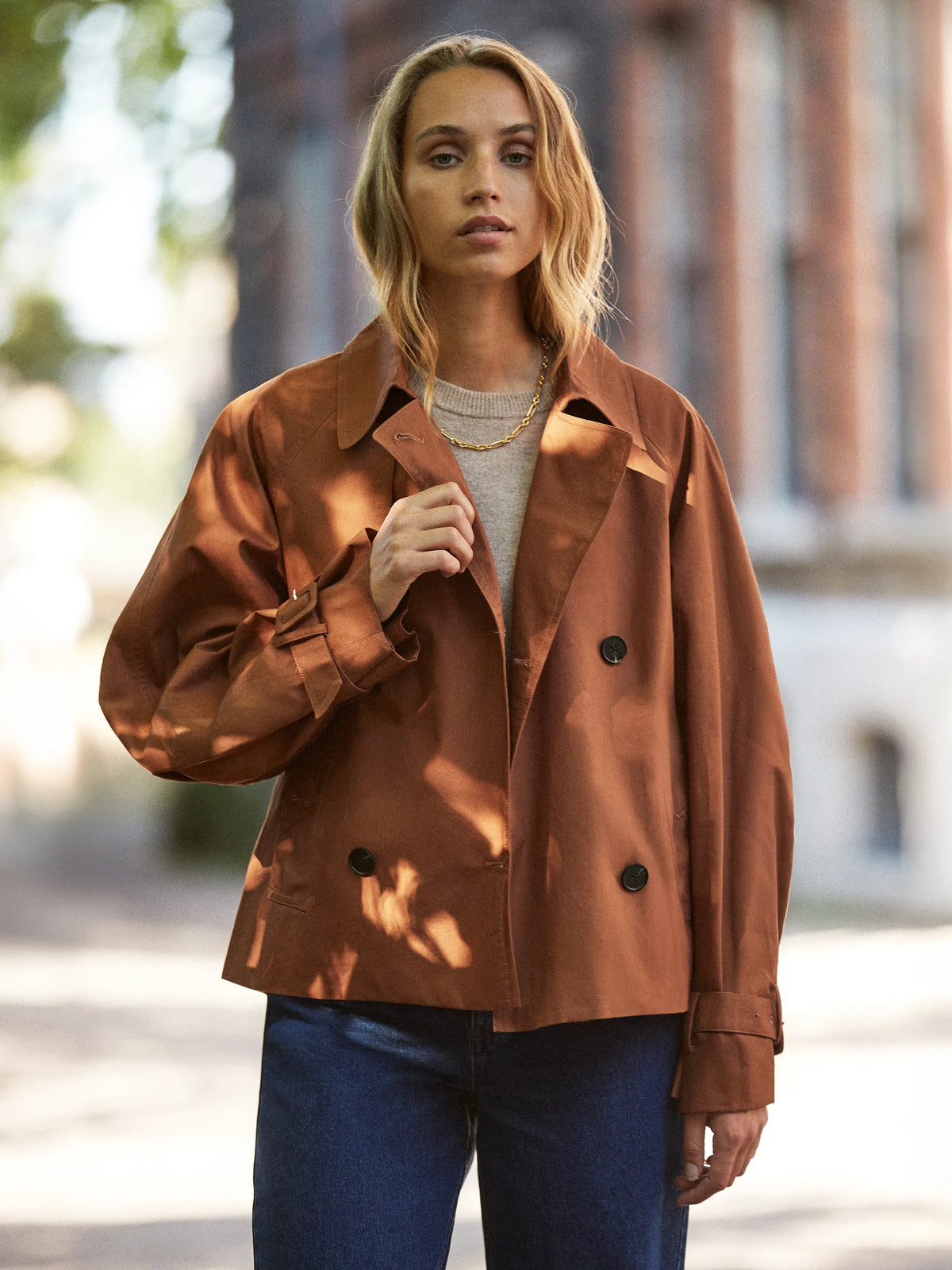Brown Cropped Cotton Trench Jacket