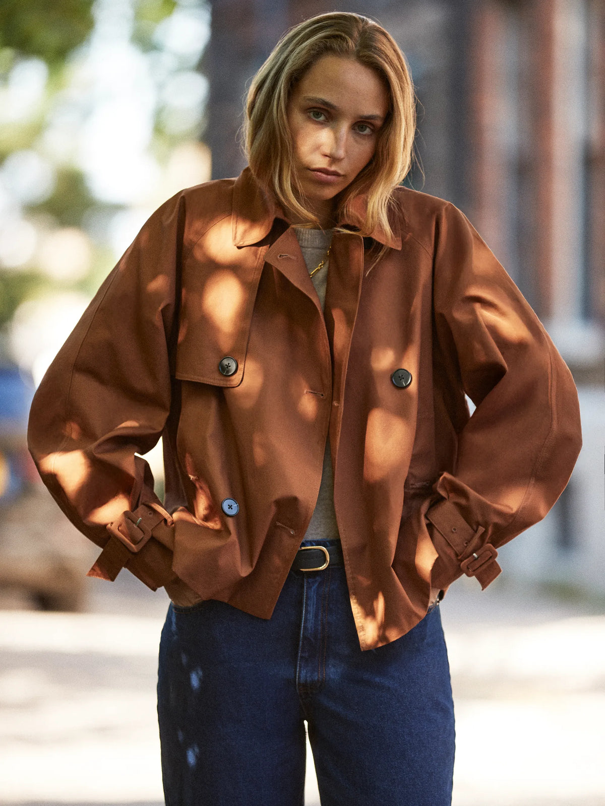 Brown Cropped Cotton Trench Jacket