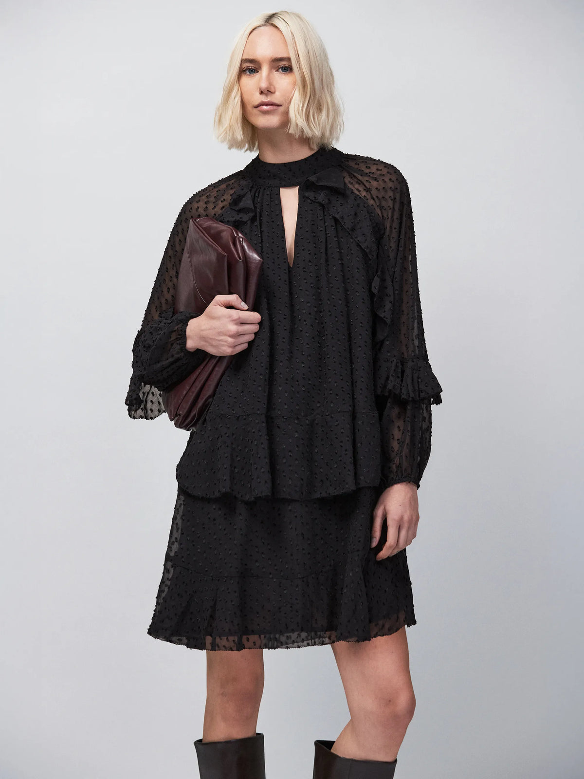 Black Dobby Ruffle Short Dress