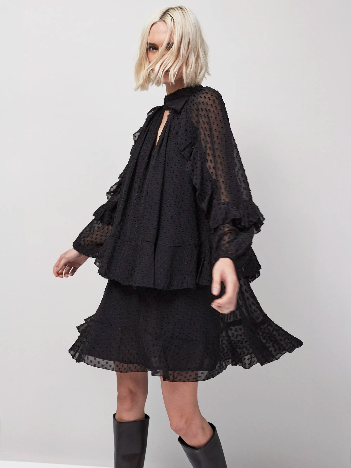 Black Dobby Ruffle Short Dress
