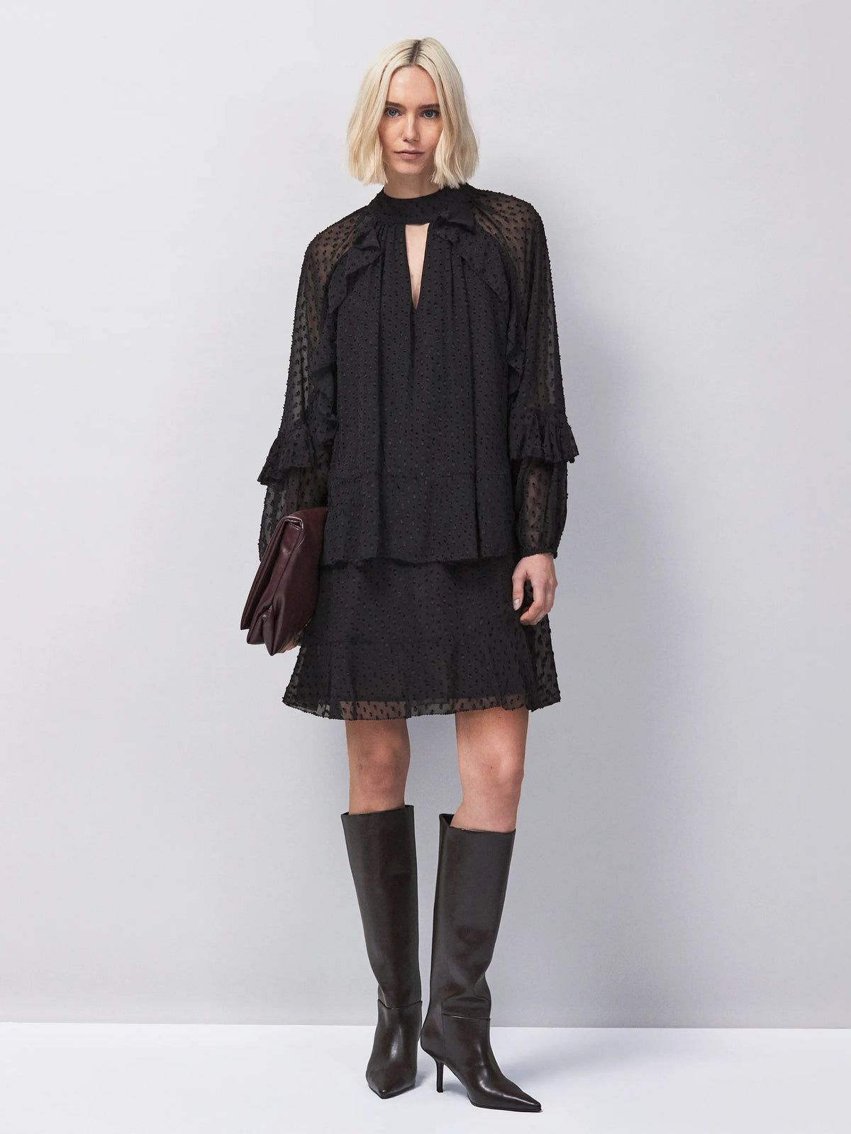 Black Dobby Ruffle Short Dress