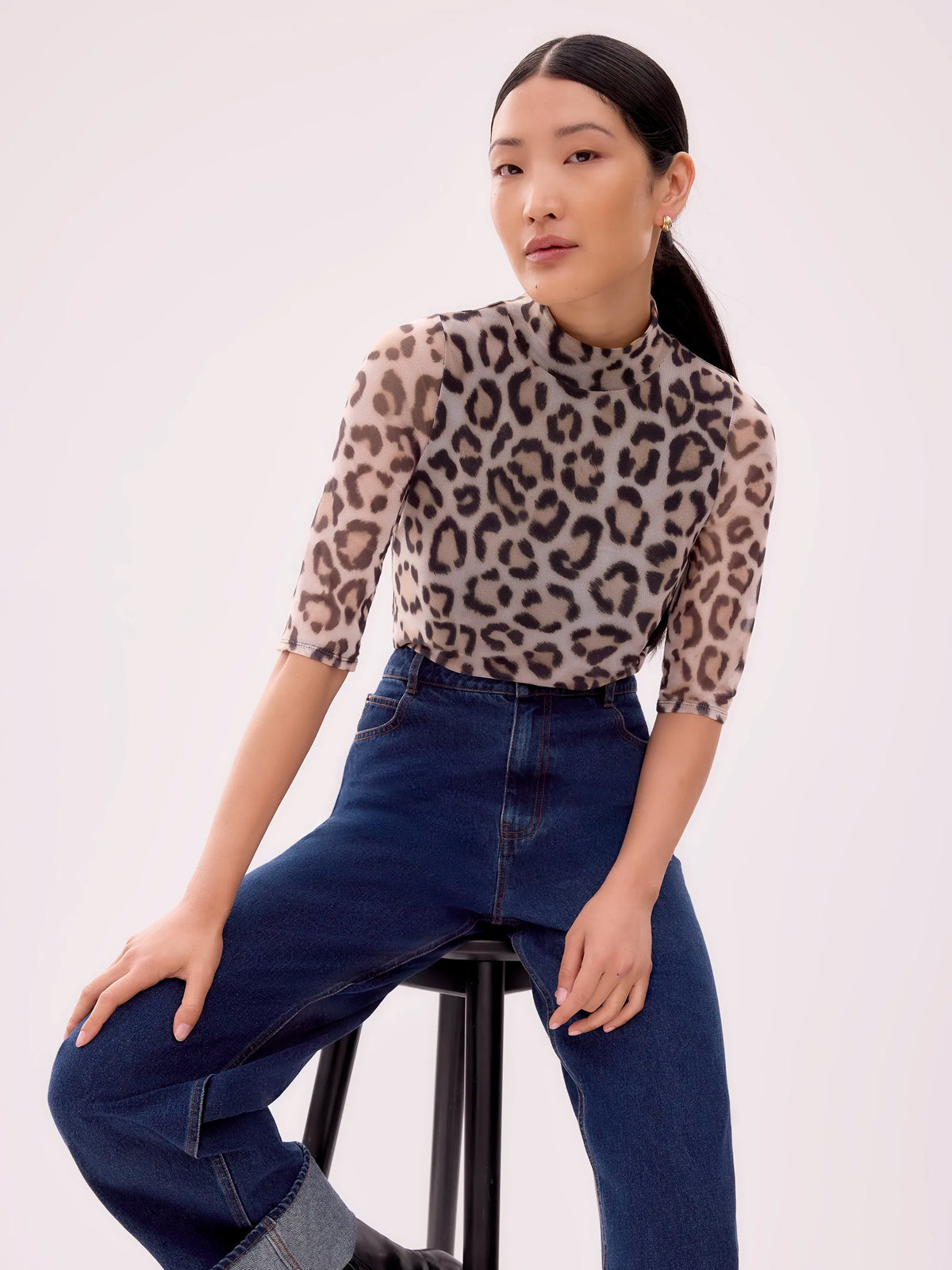 Brown Leopard Print Mesh Top