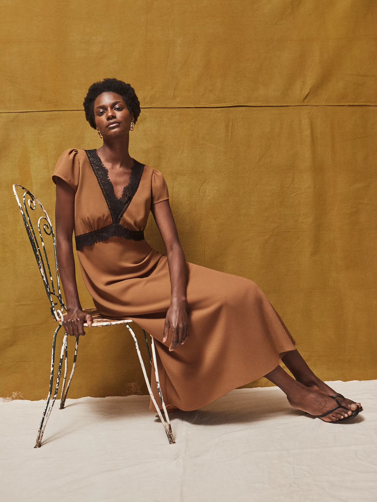 Petite Caramel Lace Trim Dress