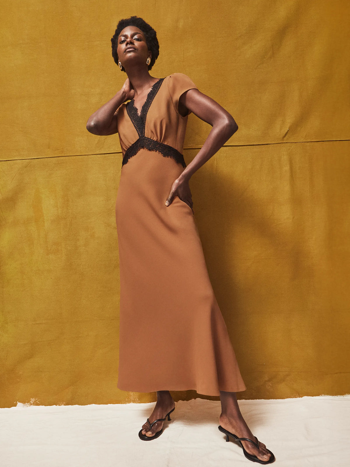 Petite Caramel Lace Trim Dress
