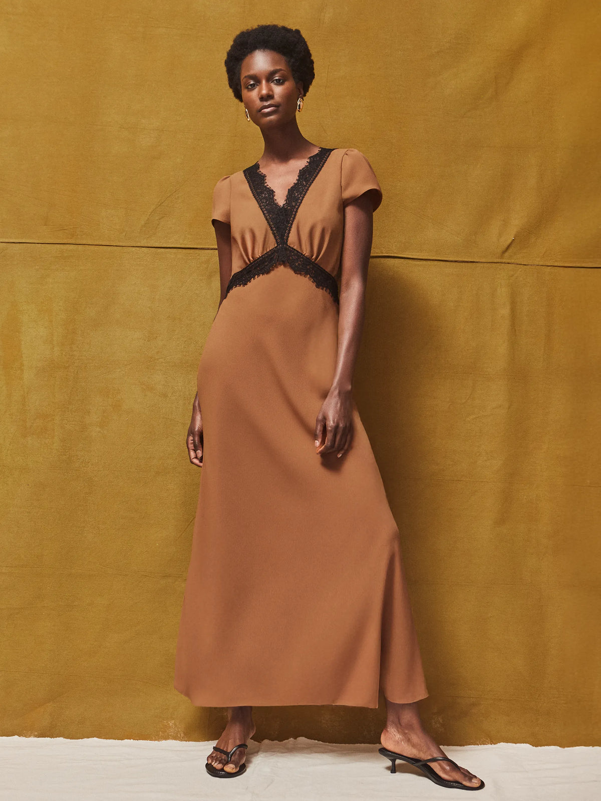 Petite Caramel Lace Trim Dress