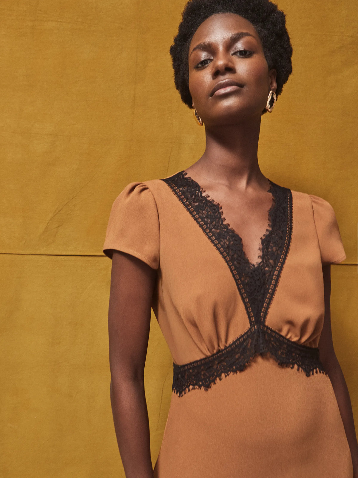 Petite Caramel Lace Trim Dress