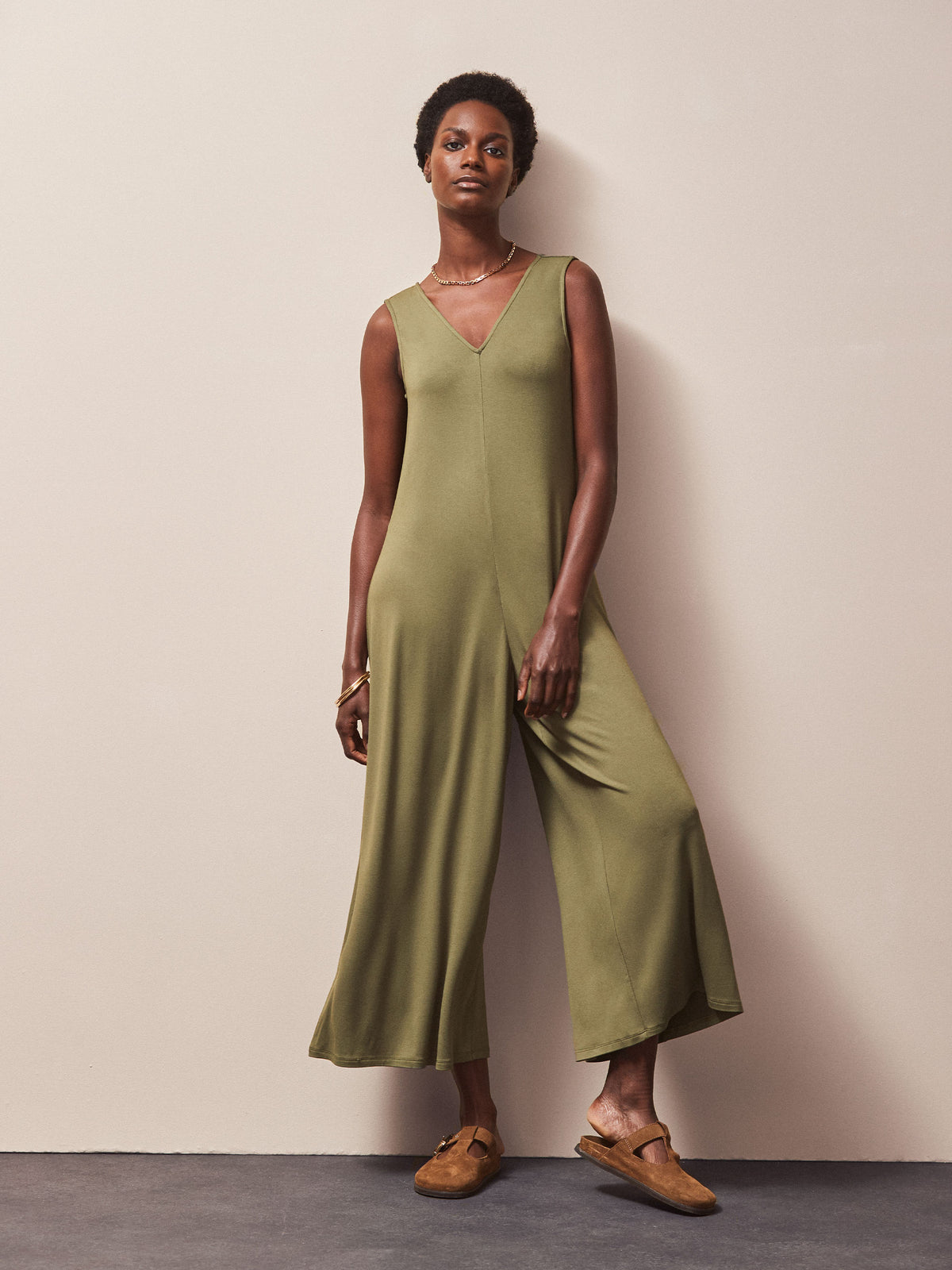 Olive Jersey V Neck Jumpsuit