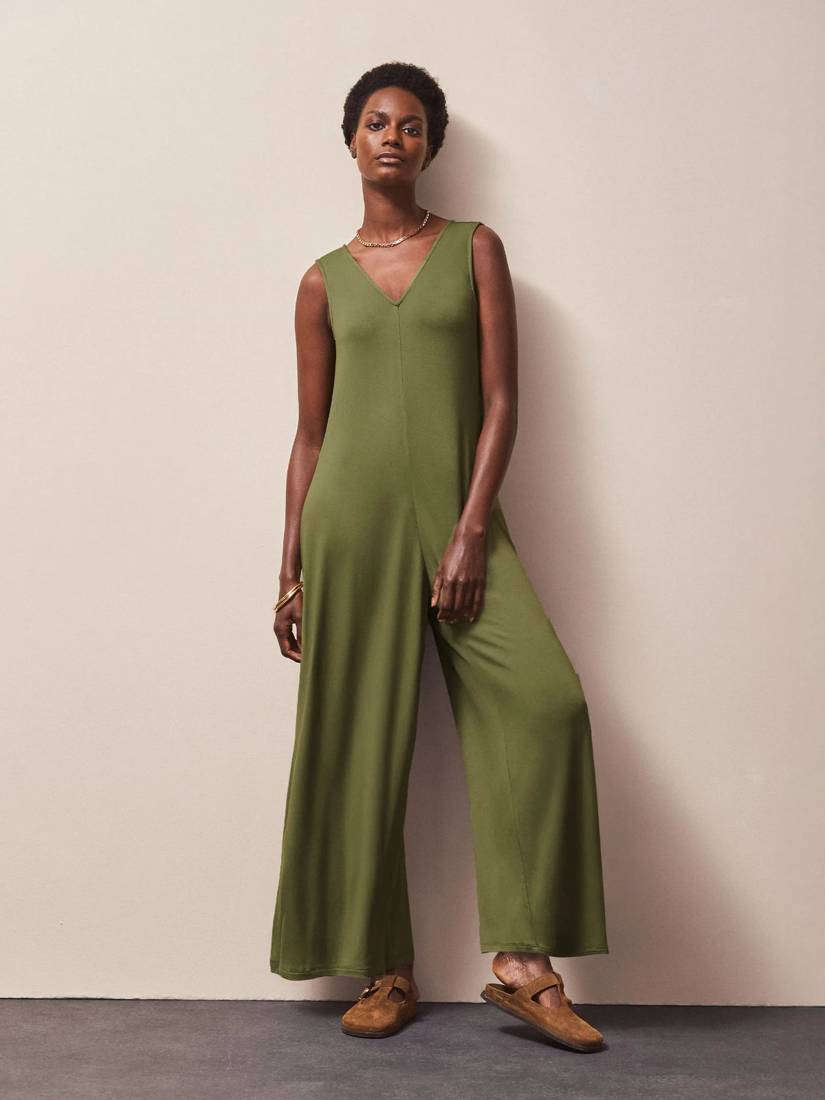 Olive Jersey V Neck Jumpsuit