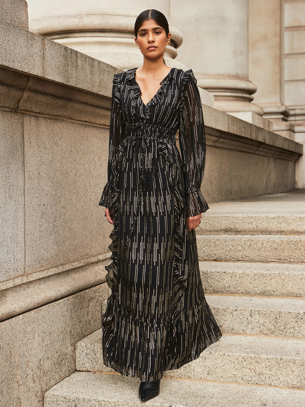 Petite Lydia Gold Foil Tie-Waist Midaxi Dress