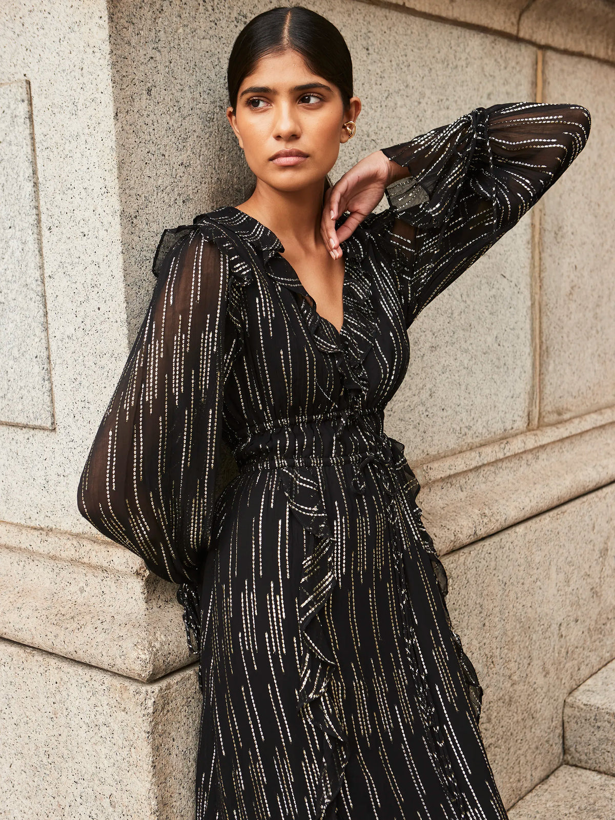 Petite Lydia Gold Foil Tie-Waist Midaxi Dress
