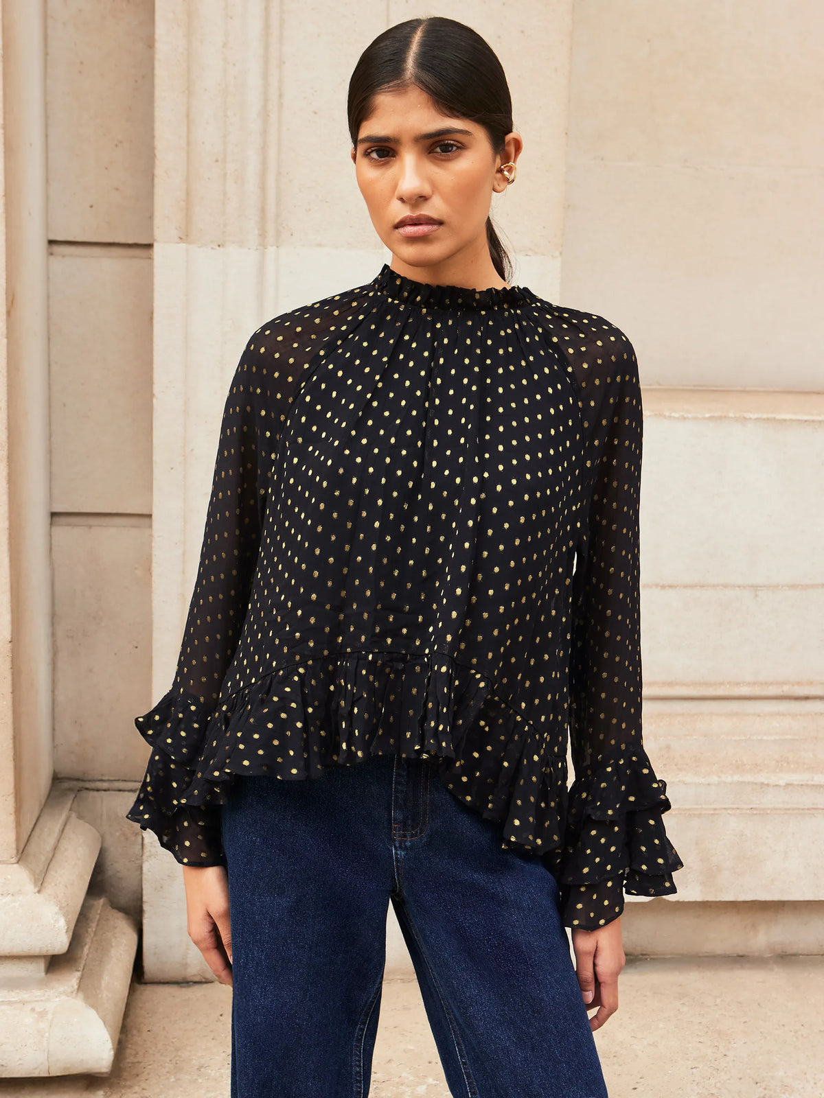 Gold Foil Frill Sleeve Blouse