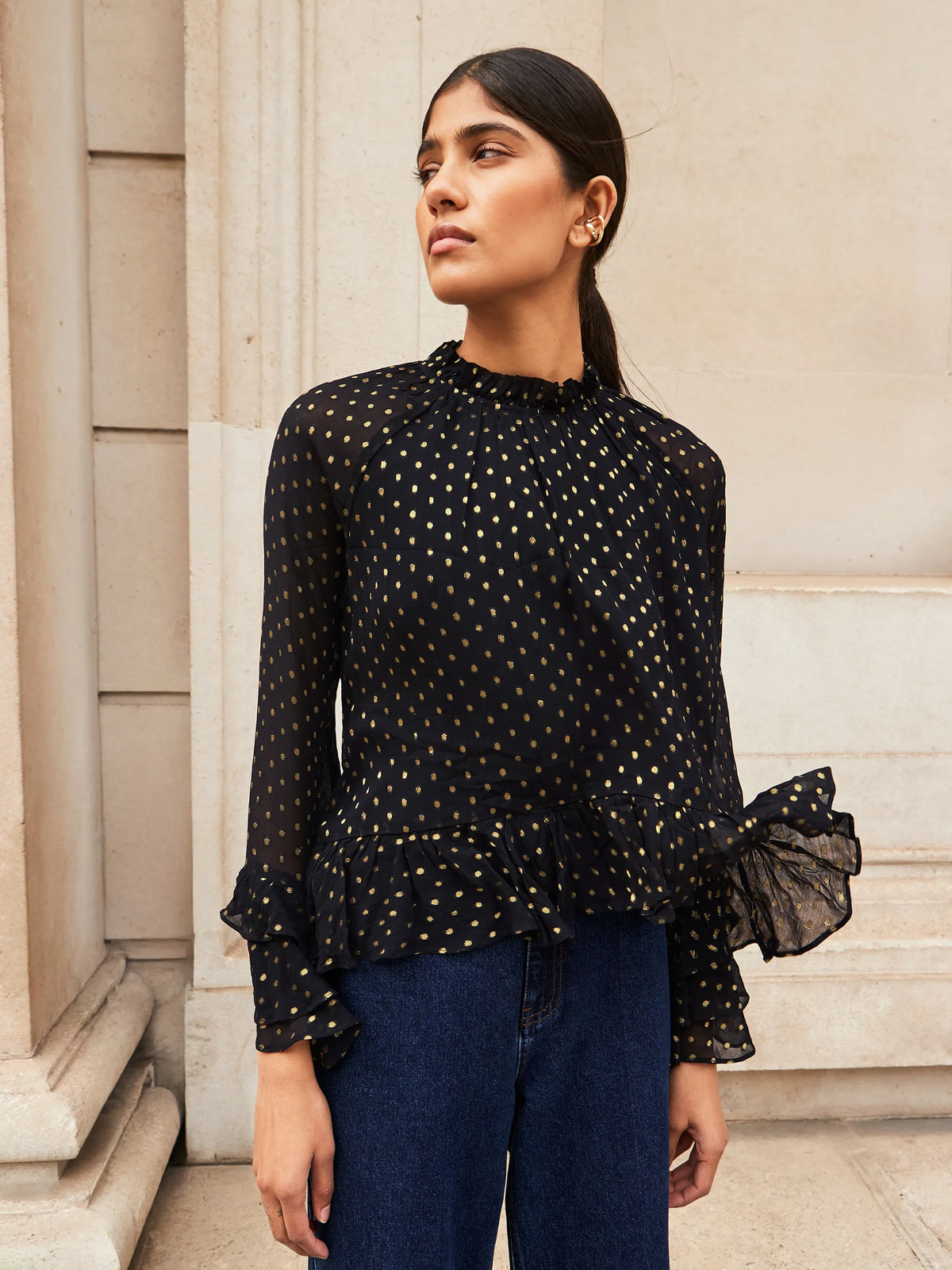 Gold Foil Frill Sleeve Blouse