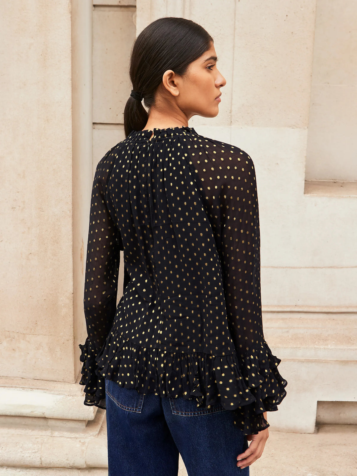 Gold Foil Frill Sleeve Blouse