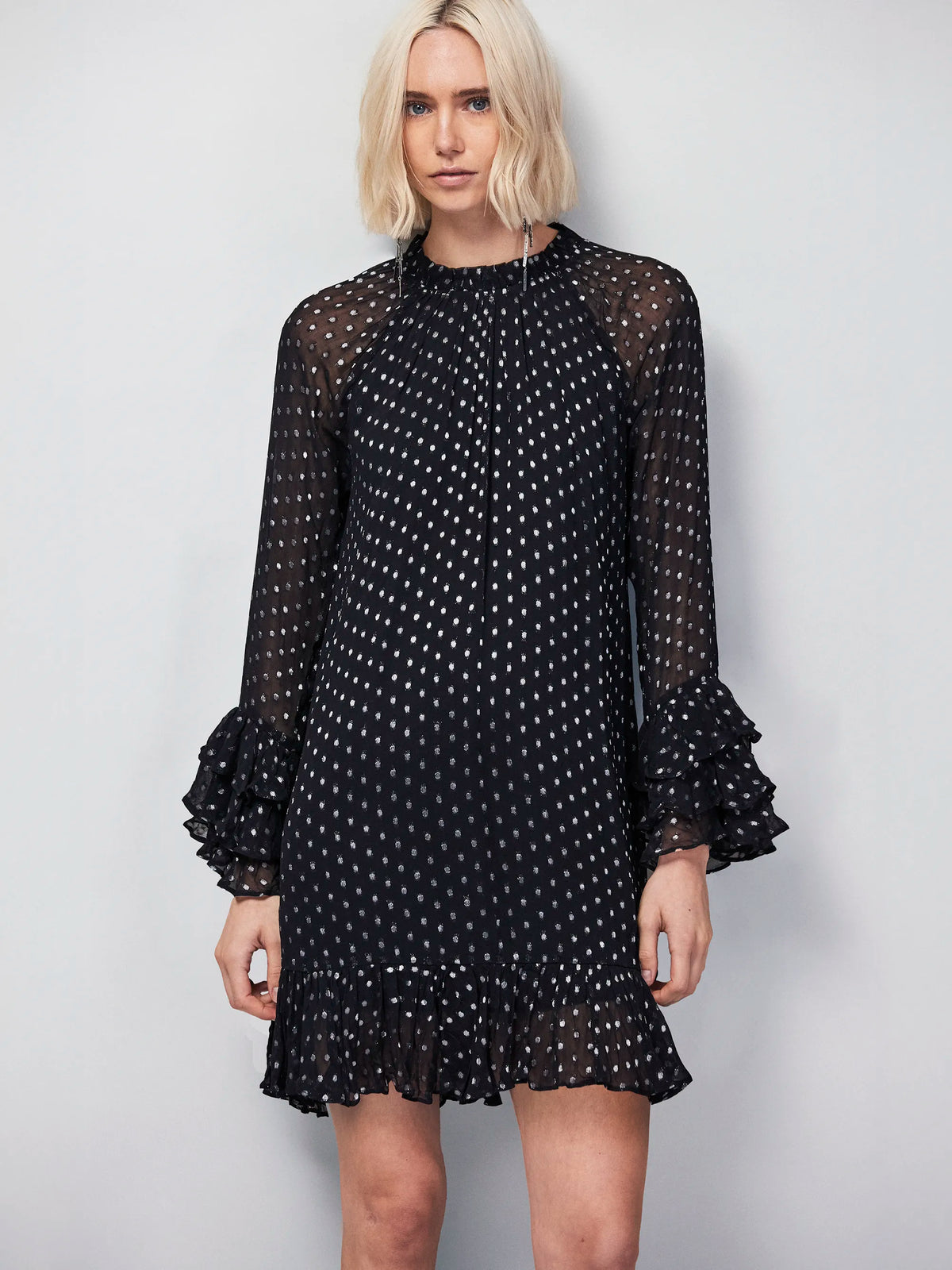 Petite Beatrix Silver Foil Frill-Sleeve Mini Dress