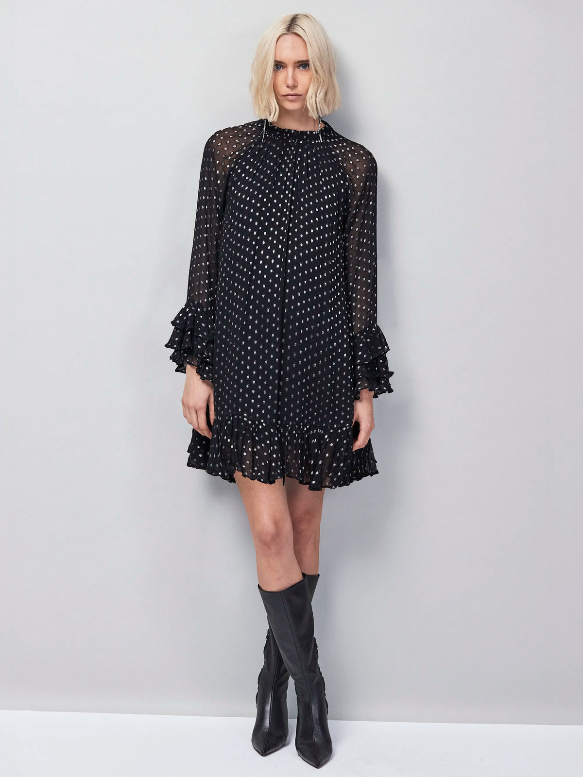 Petite Beatrix Silver Foil Frill-Sleeve Mini Dress