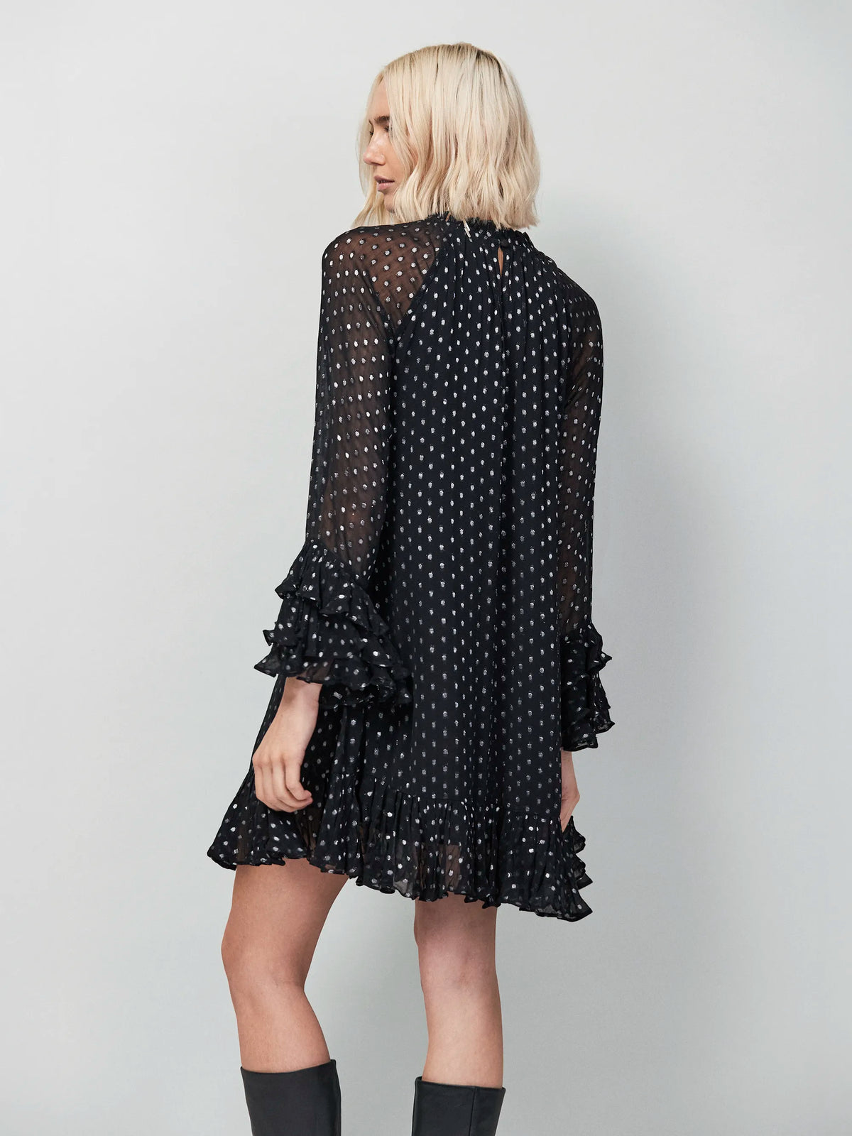 Petite Beatrix Silver Foil Frill-Sleeve Mini Dress