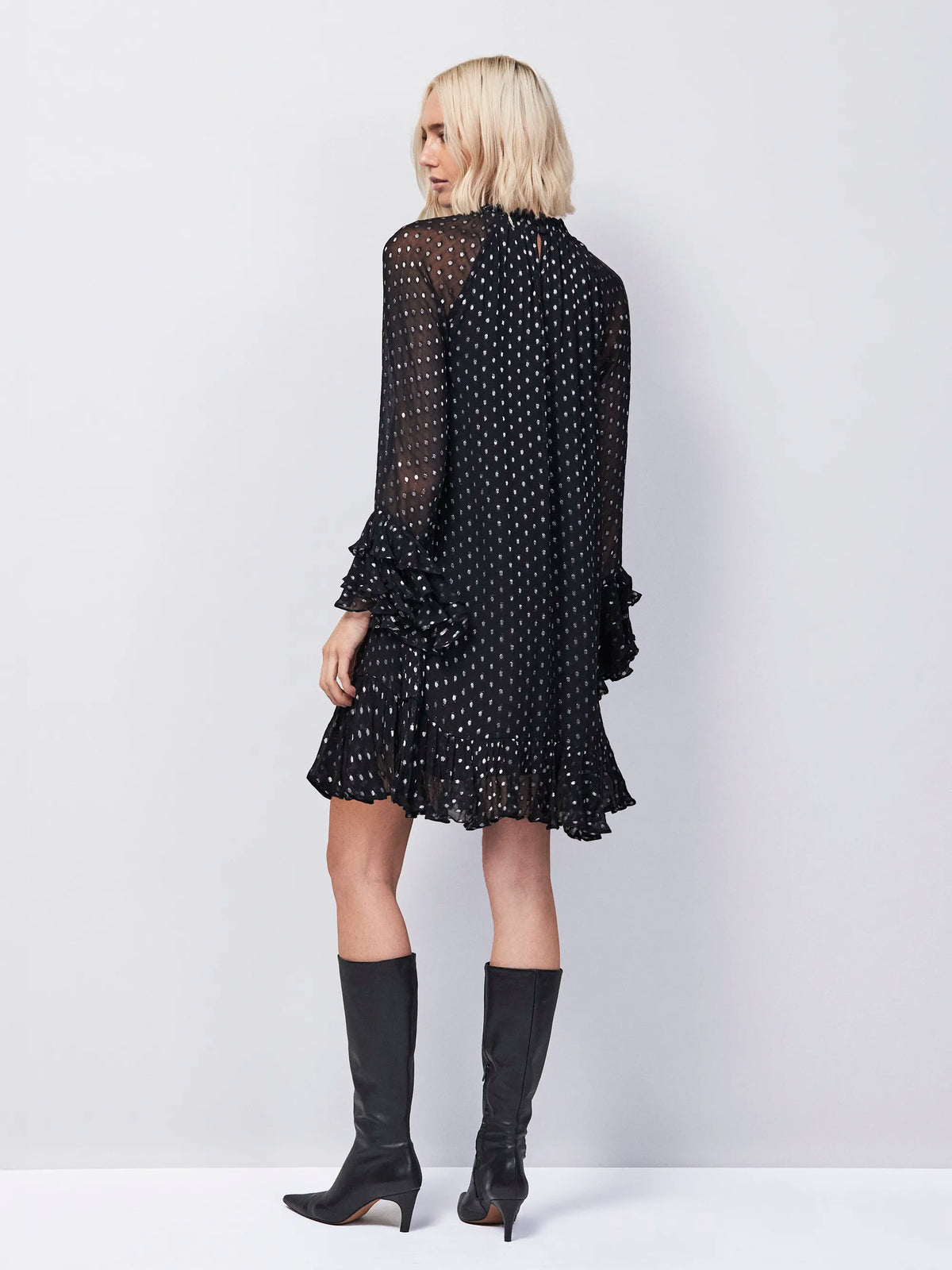 Petite Beatrix Silver Foil Frill-Sleeve Mini Dress