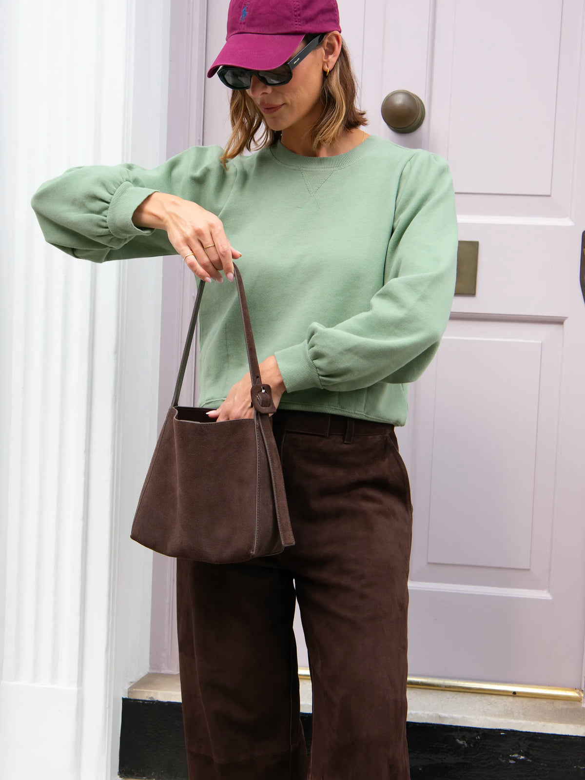 Sage-Green Puff-Sleeved Cotton-Blend Sweatshirt