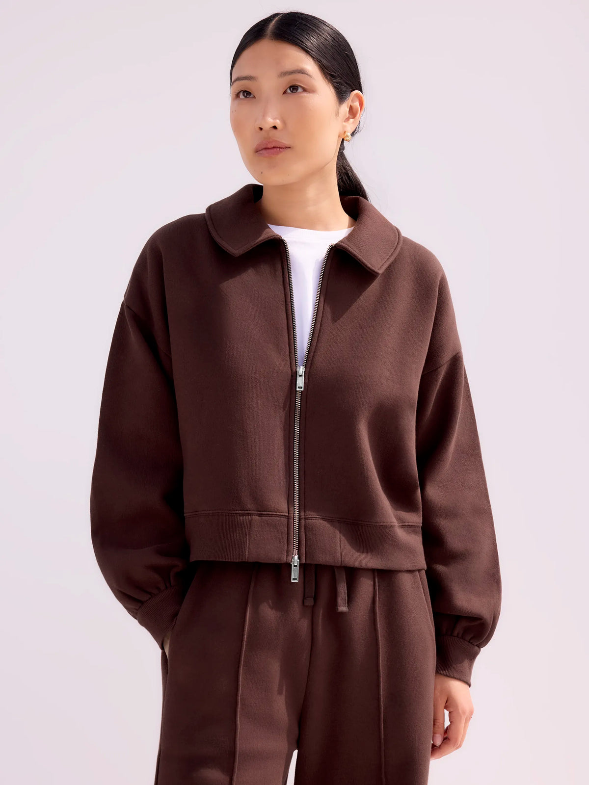 Chocolate-Brown Sweatshirt Bomber Jacket