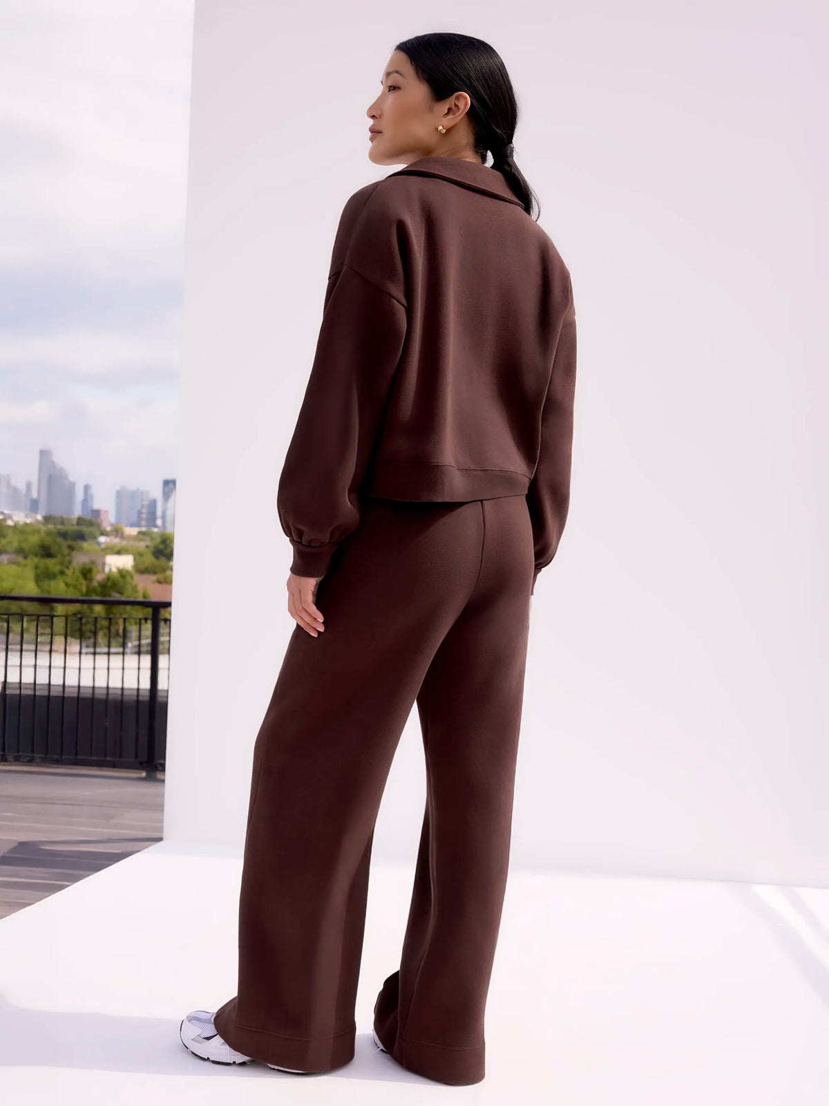 Petite Chocolate-Brown Wide-Leg Sweatpants