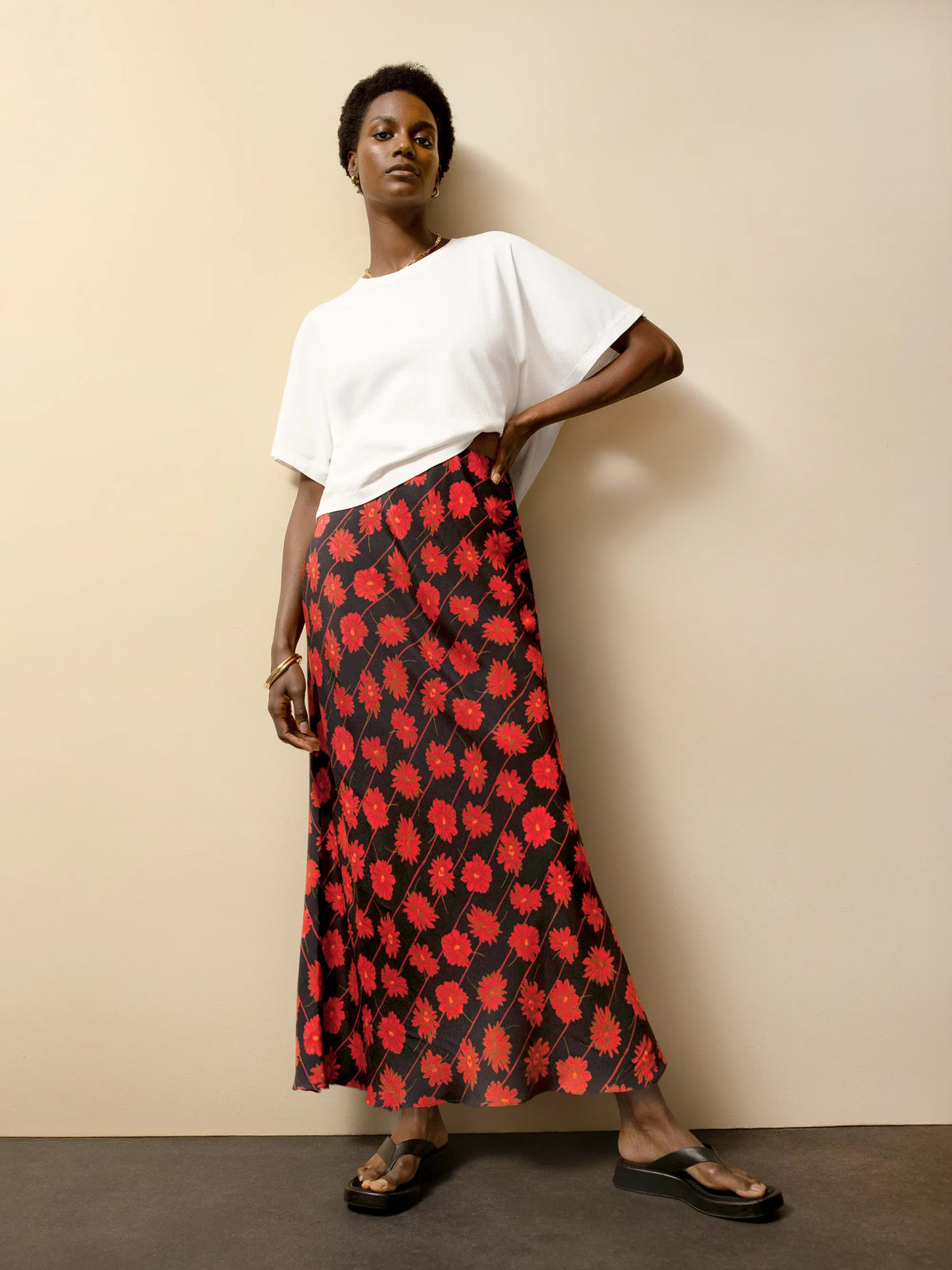 Petite Red Daisy-Print Striped Bias-Cut Skirt