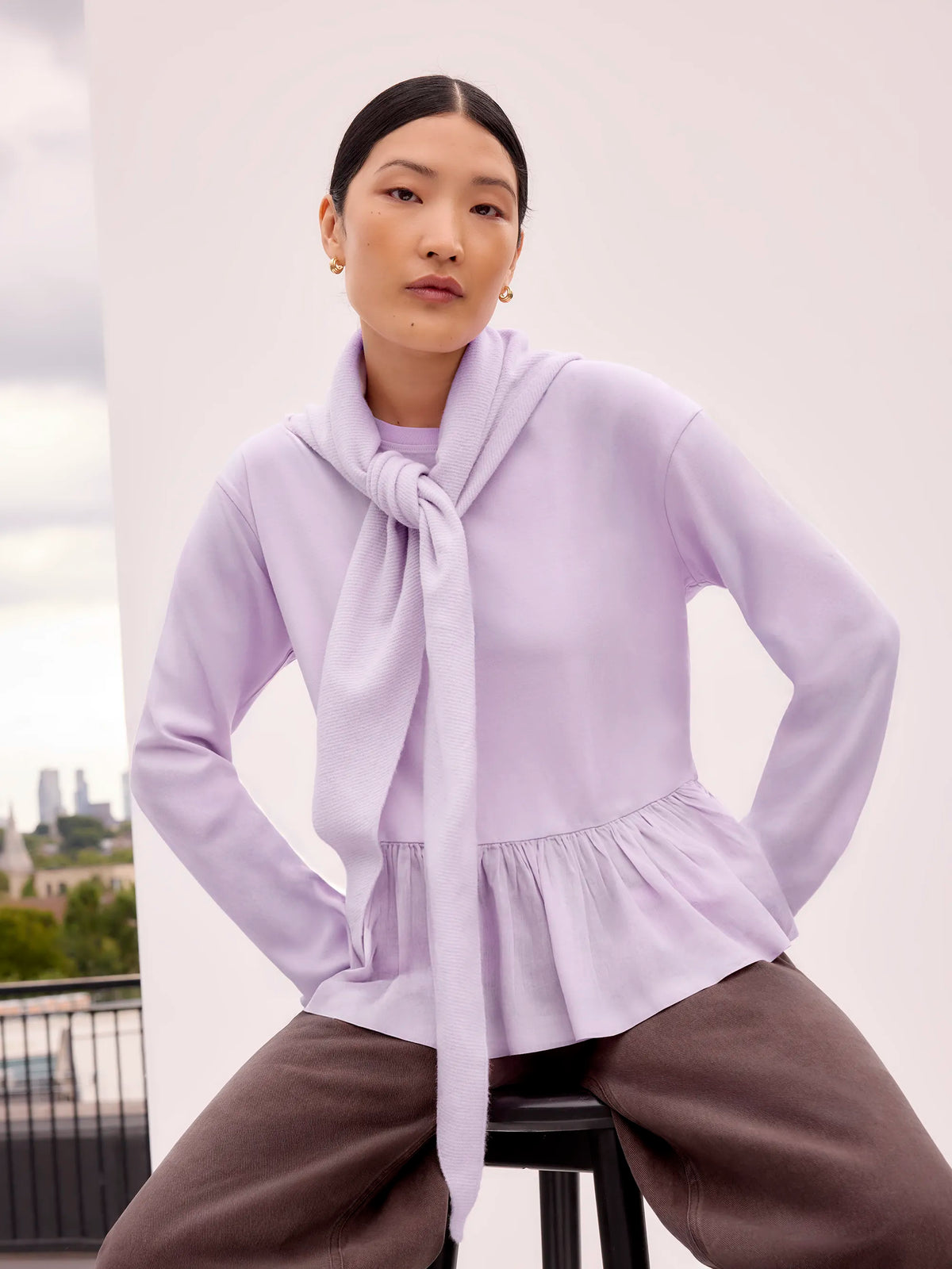 Lilac Peplum-Hem Long-Sleeved Organic Cotton T-Shirt
