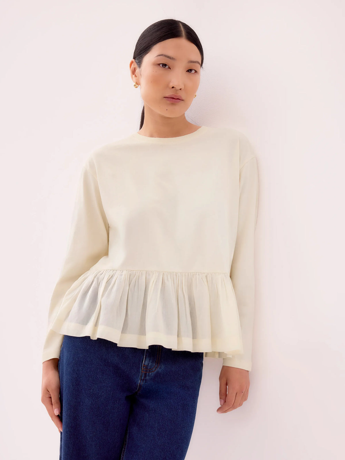 Cream Peplum-Hem Long-Sleeved Organic Cotton T-Shirt