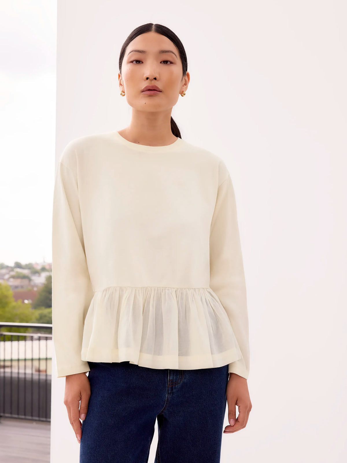 Cream Peplum-Hem Long-Sleeved Organic Cotton T-Shirt