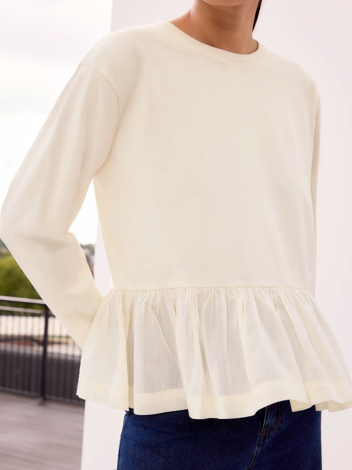 Cream Peplum-Hem Long-Sleeved Organic Cotton T-Shirt