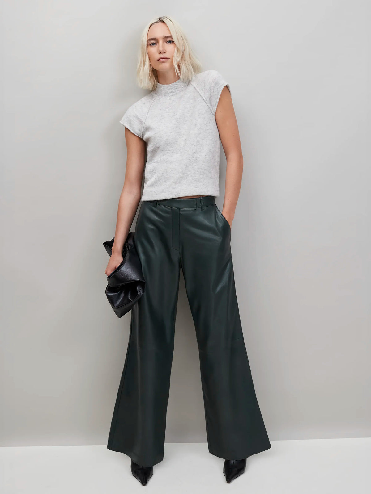 Dark-Green Leather Wide-Leg Trousers