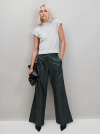 Dark-Green Leather Wide-Leg Trousers