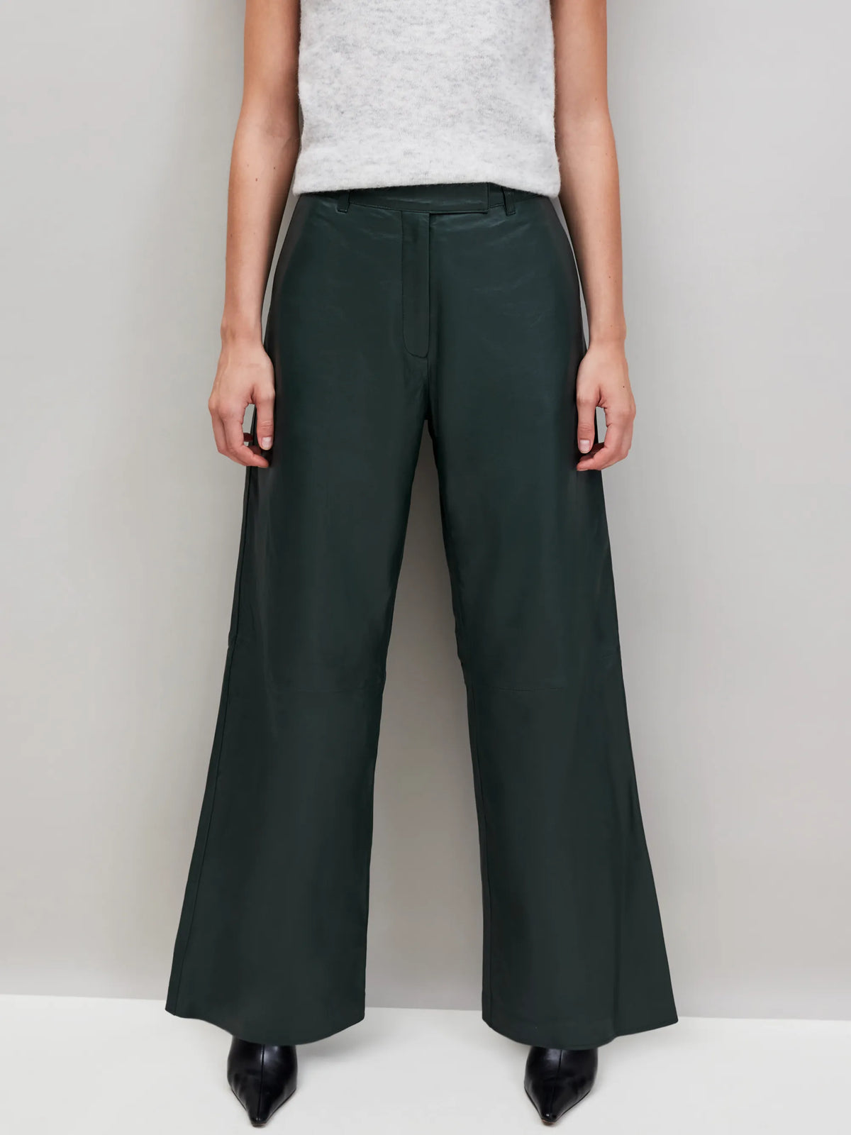 Petite Dark-Green Leather Wide-Leg Trousers