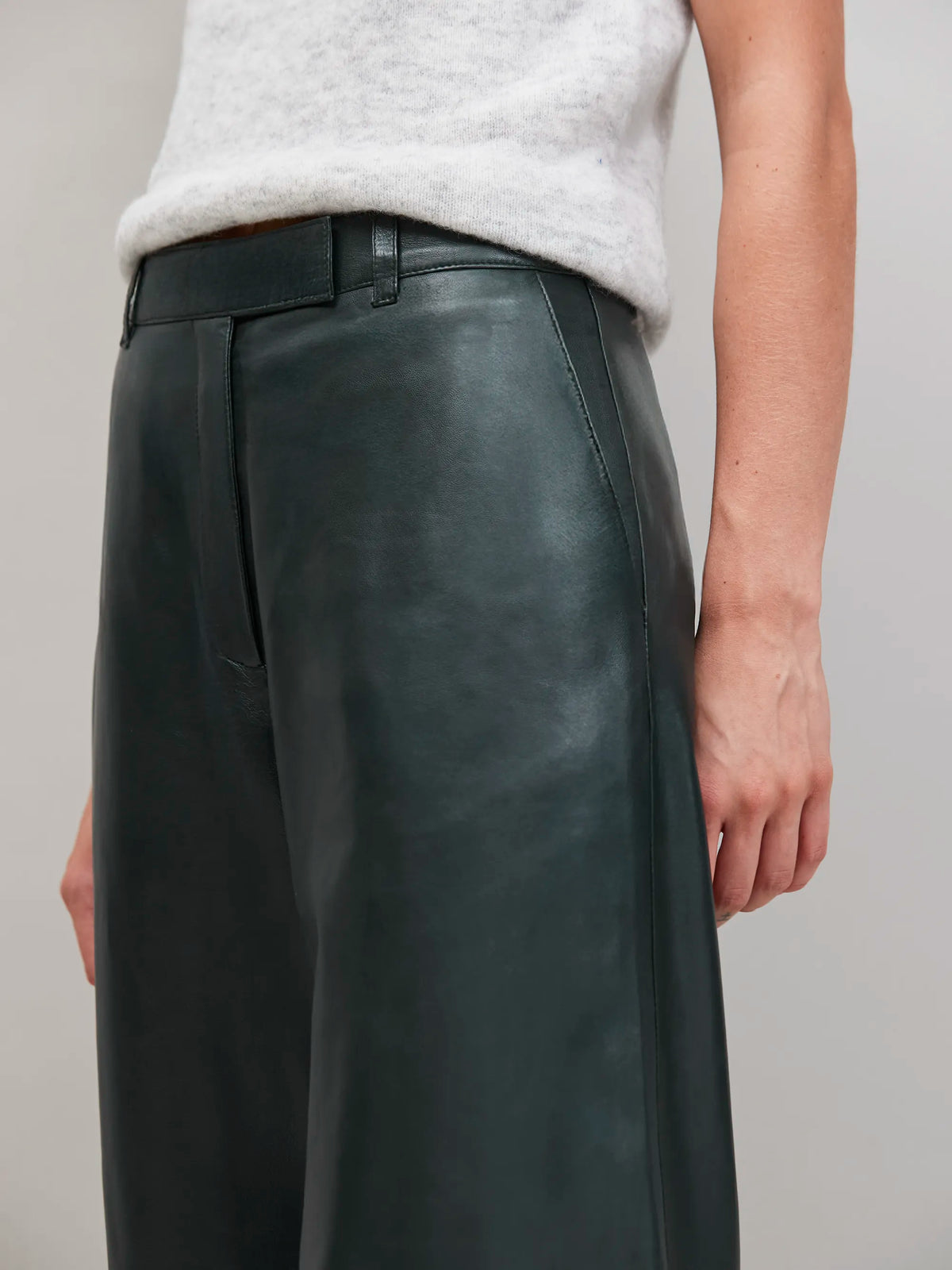 Dark-Green Leather Wide-Leg Trousers