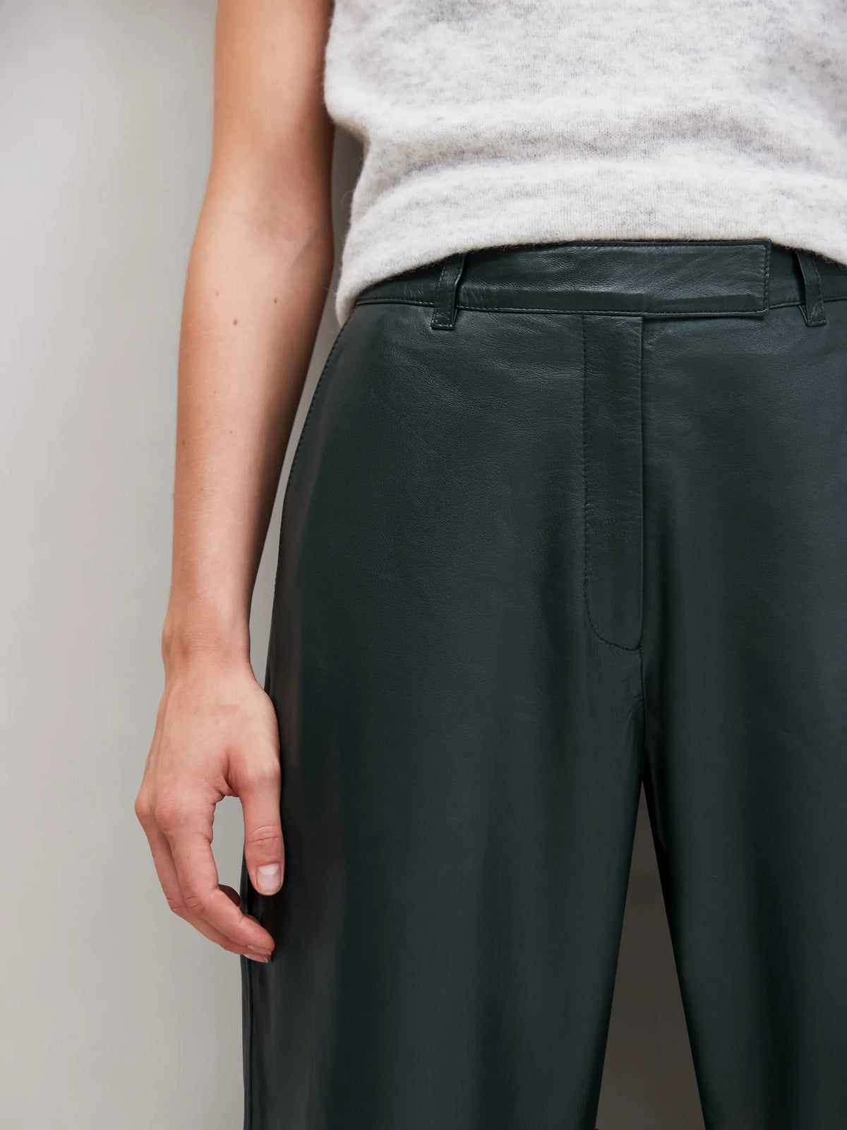 Petite Dark-Green Leather Wide-Leg Trousers