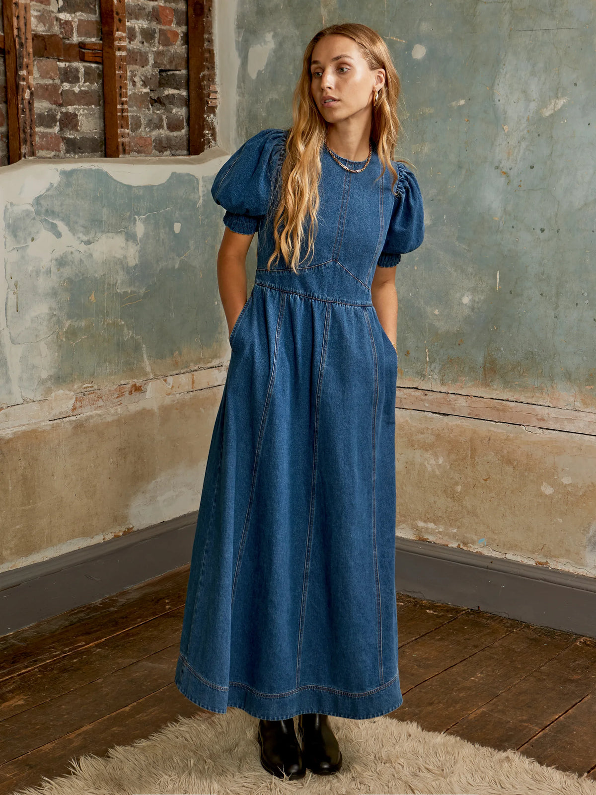 Puff-Sleeve Denim Midaxi Dress