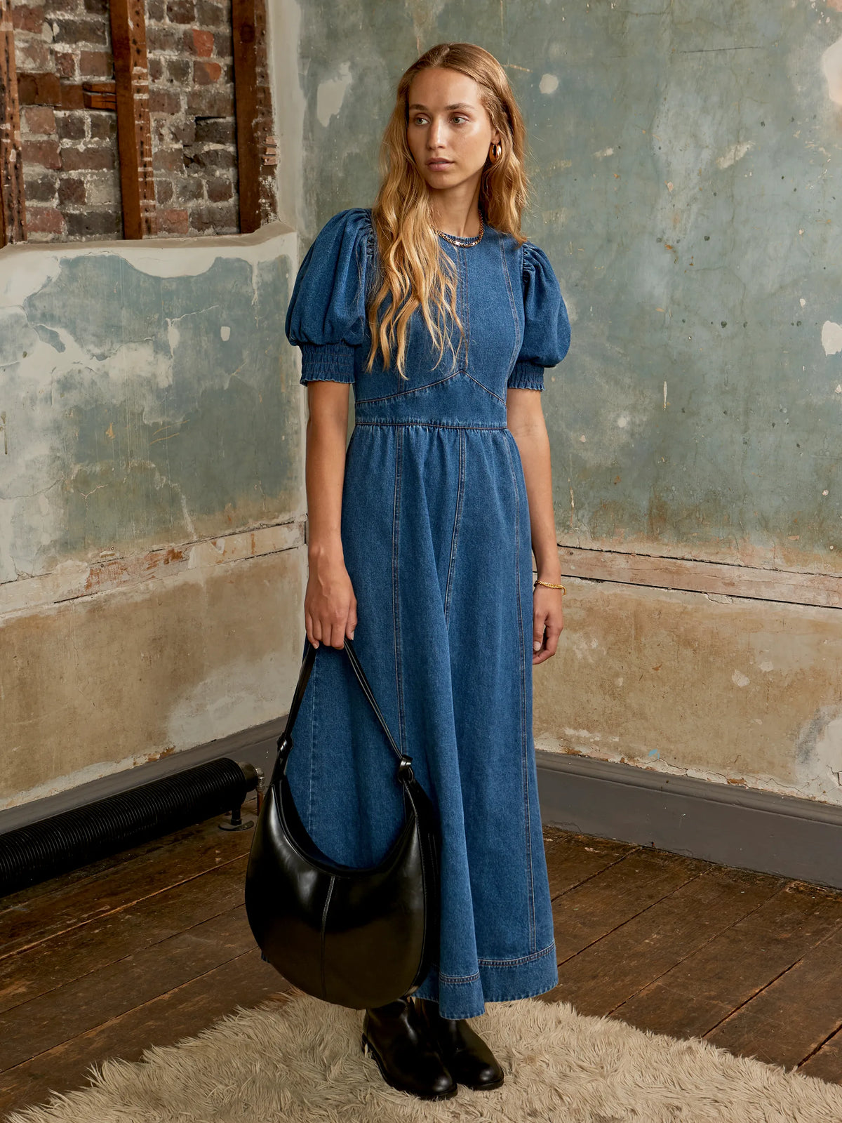 Puff-Sleeve Denim Midaxi Dress