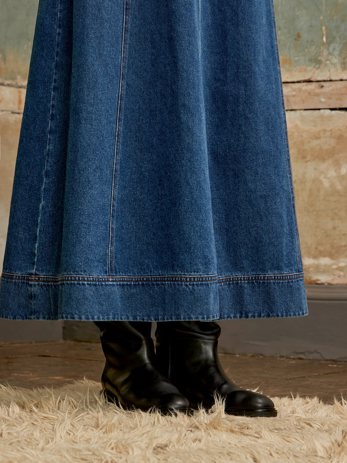 Puff-Sleeve Denim Midaxi Dress