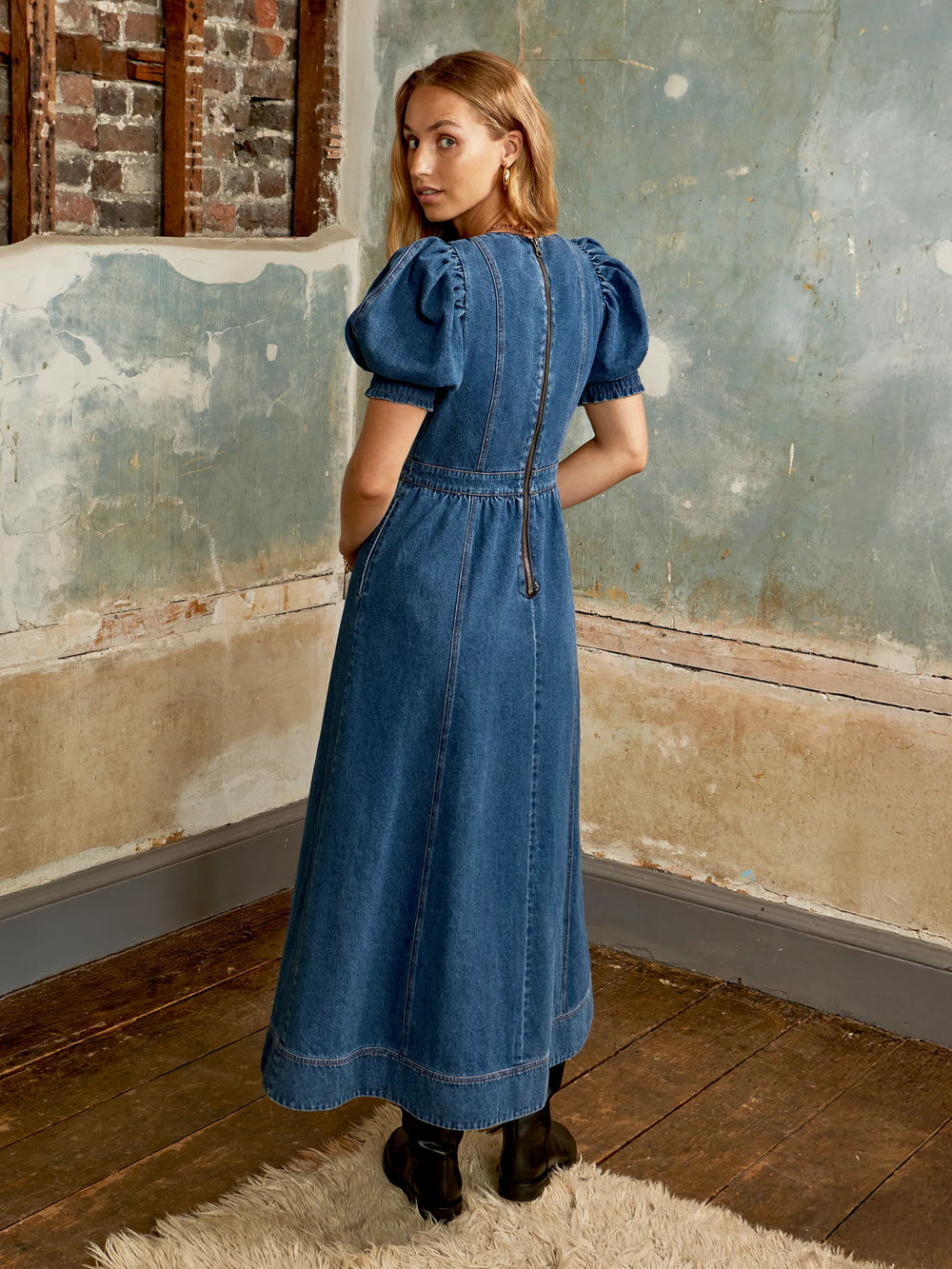Puff-Sleeve Denim Midaxi Dress Ro&Zo Puff-Sleeve Denim Midaxi Dress Ro&Zo