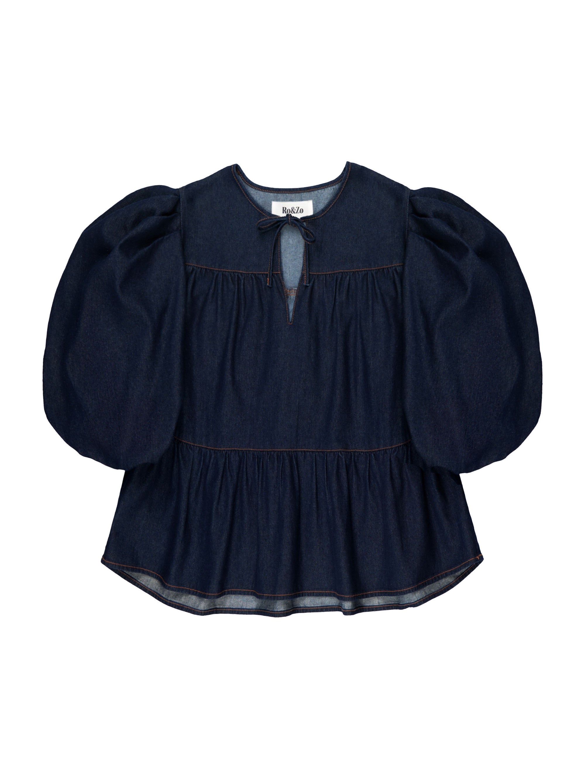 Dark-Blue Puff-Sleeve Denim Top | Women's workwear top | Ro&Zo